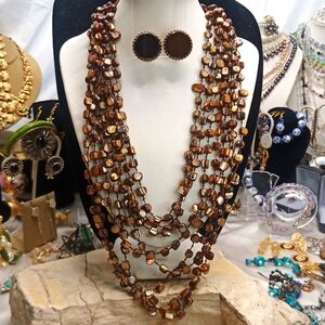 Vintage ELSA SCHIAPARELLI Unsigned Chocolate Brown Earrings and MOP necklace